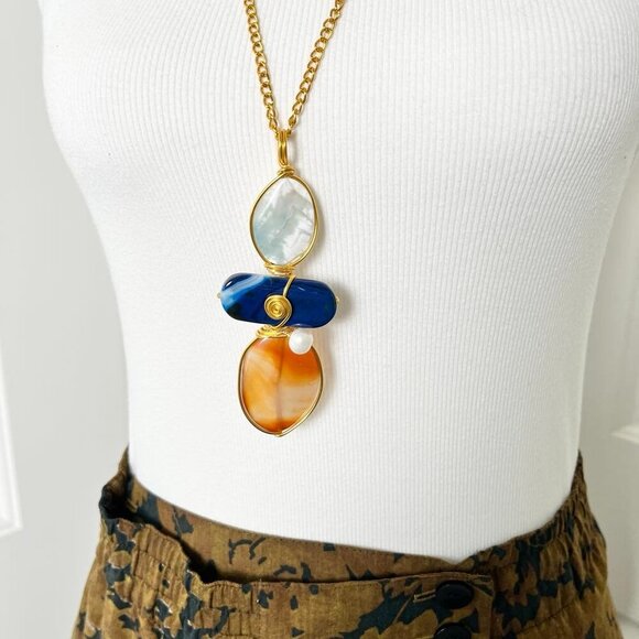 Artisan Pendant Gold-Tone Necklace- Sodalite, Blue Agate, Pearls & Carnelian - Picture 6 of 13